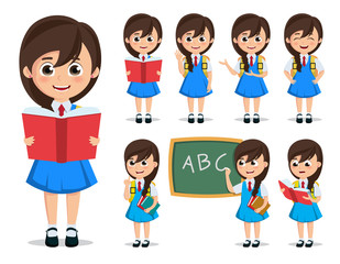 School girl student vector character set. Back to school kid cartoon character wearing uniform reading books and doing education activities in white background. Vector illustration.