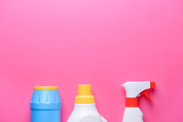 Set of detergents on color background