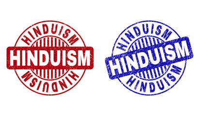 Grunge HINDUISM round stamp seals isolated on a white background. Round seals with grunge texture in red and blue colors. Vector rubber watermark of HINDUISM text inside circle form with stripes.