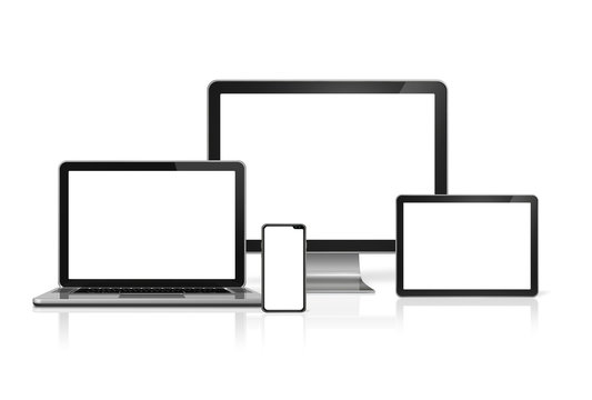 Computers and phone set mockup isolated on white. 3D render
