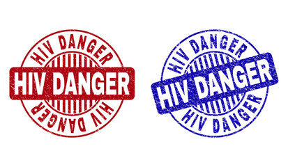 Grunge HIV DANGER round stamp seals isolated on a white background. Round seals with grunge texture in red and blue colors. Vector rubber imitation of HIV DANGER title inside circle form with stripes.