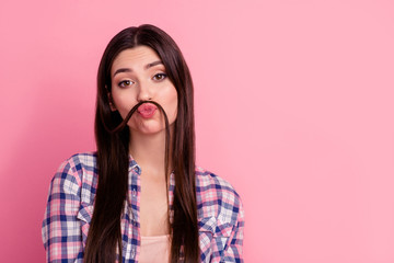 Close-up portrait of her she nice-looking attractive cute charming lovely sweet shine funny straight-haired lady having fun free spare time isolated over pink pastel background