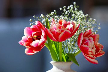 Vase with bouquet of beautiful flowers on blurred background