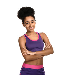 Fototapeta na wymiar Sporty African-American woman on white background