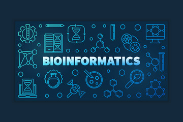 Bioinformatics concept blue outline banner on dark background. Vector linear illustration