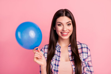 Close-up portrait of her she nice attractive cute charming shine lovely girlish cheerful straight-haired lady wearing checked shirt holding in hands air ball congrats isolated over pink background