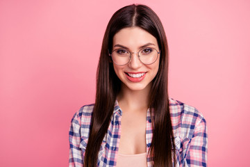 Fototapeta premium Close up photo funky beautiful her she lady look sincerely kindhearted show white teeth long brown hair lying shoulders wear specs casual checkered plaid shirt clothes outfit isolated pink background