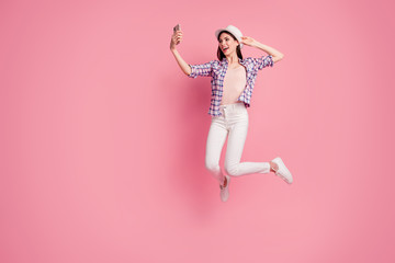 Full length side profile body size photo beautiful her she lady jump high telephone hand arm make...