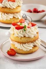 Strawberry cake with vanilla cream on white background. Copy space.