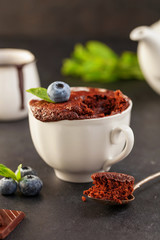 Mug Cake with chocolate and blueberries