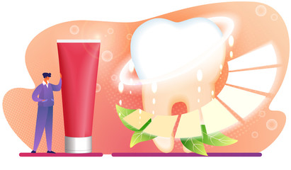 Man Character Stand near Huge Red Toothpaste Tube.