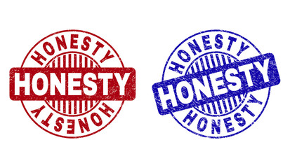 Grunge HONESTY round stamp seals isolated on a white background. Round seals with grunge texture in red and blue colors. Vector rubber imprint of HONESTY title inside circle form with stripes.