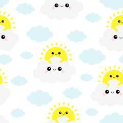 Sun holding cloud in the sky. Seamless Pattern. Cute cartoon kawaii funny smiling baby character set. Nursery decoration. Wrapping paper, textile print template. White background. Flat design.