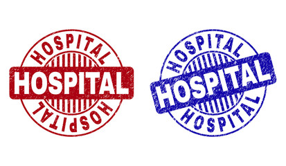 Grunge HOSPITAL round stamp seals isolated on a white background. Round seals with grunge texture in red and blue colors. Vector rubber imprint of HOSPITAL text inside circle form with stripes.