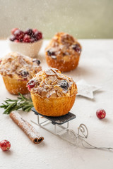 Christmas homemade cranberry muffins. Christmas cake on New Year's background. Copy space.