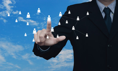 Hand click businessman flat icon with connection line over blue sky with white clouds, Business...
