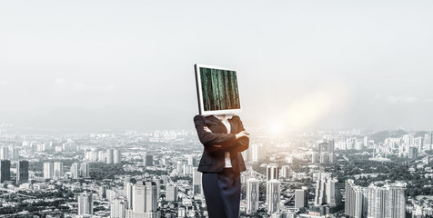 Business woman with monitor instead of head.