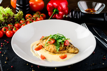 grilled chicken breast fillet with fresh vegetables, diet food