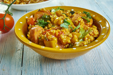 Spinach, sausage and chickpea hotpot