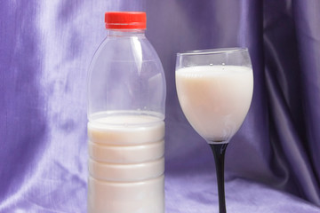 Bottle and glass of milk on blue background.