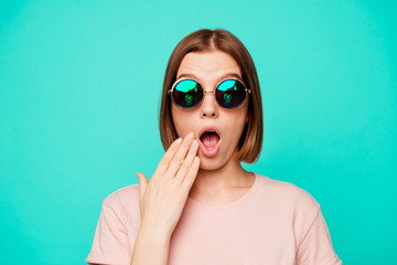 Close up photo beautiful funny funky her she lady hold hand arm near mouth said wrong bad thing...