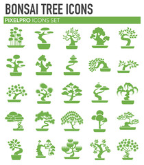 Bonsai icons green set on white background for graphic and web design. Simple vector sign. Internet concept symbol for website button or mobile app.