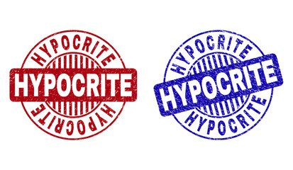 Grunge HYPOCRITE round stamp seals isolated on a white background. Round seals with grunge texture in red and blue colors. Vector rubber imprint of HYPOCRITE caption inside circle form with stripes.