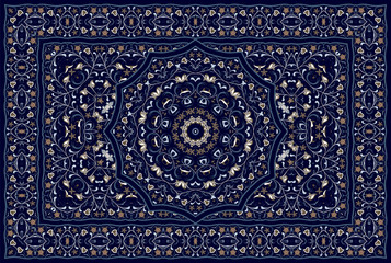 Vintage Arabic pattern. Persian colored carpet. Rich ornament for fabric design, handmade, interior decoration, textiles. Blue background. - 259684514