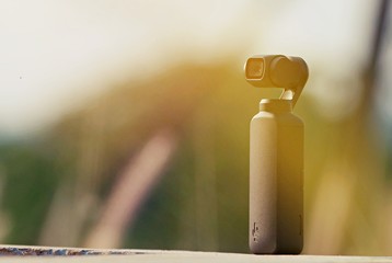 Nakhonratchasrima, Thailand - MARCH 11, 2019: DJI Osmo Pocket Camera close up. Osmo pocket is the smallest 3-axis stabilized handheld camera.
