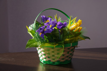 Fototapeta na wymiar Flowers. Yellow tulip and iris bouquet