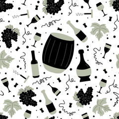 Seamless pattern with black and white wine icons and wine symbols. Background for decoration, web, banners, wine list, bar or restaurant menu, alcohol drinks.  illustration.
