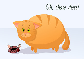 Vector funny animal. Fat cute cat on a diet. Postcard with a comic phrase. Sad cat with an empty plate of food. Isolated object on white background.