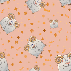 Vector seamless pattern with cute cartoon horned sheep. Funny animals. Texture on a pink background. Template for comic decor, fabric design, packaging or clothing.