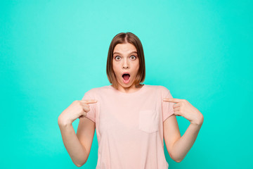 Close up photo beautiful amazing her she lady arm hand palm index fingers directing self not believe open mouth big full fear eyes stupor staring wear casual t-shirt isolated teal turquoise background