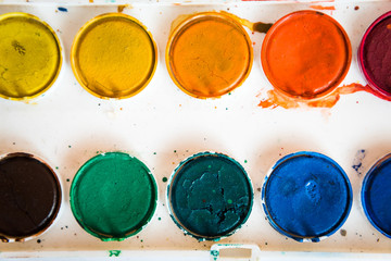 The palette of watercolor paint. Top view