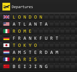 Airplane departures destination table board to major cities in the world with national flags posted inside