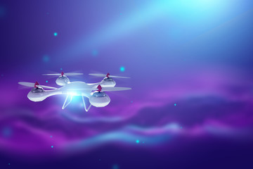 Drone, white quadrocopter on violet background with copy space. The concept of technology, robotization, computerization. 3D render, 3D illustration.