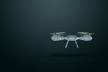 Drone, white quadrocopter on a dark background with copy space. The concept of technology, robotization, computerization. 3D render, 3D illustration.