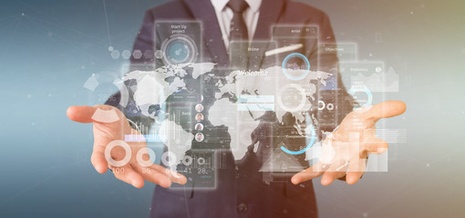 Businessman holding User interface screens with icon, stats and data 3d rendering