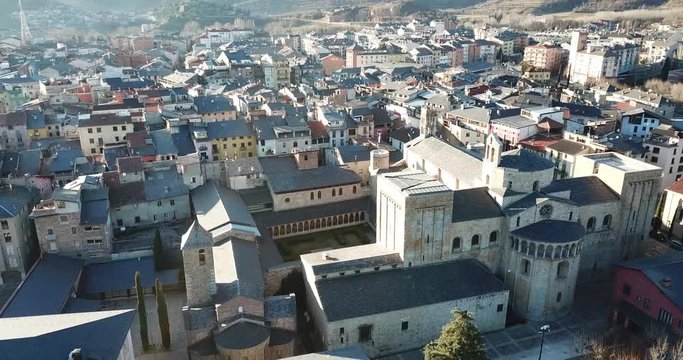 Aerial view of Spanish city of la Seu d'Urgell with Romanesque Cathedral of Santa Maria in autumn day