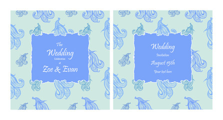 Wedding Invitation Template. Hand-drawn vintage vector illustration with blue floral pattern.