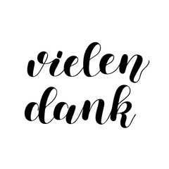 Vielen dank. Thanks a lot in German. Hand drawn lettering isolated on white background.