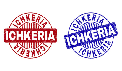 Grunge ICHKERIA round stamp seals isolated on a white background. Round seals with grunge texture in red and blue colors. Vector rubber imitation of ICHKERIA title inside circle form with stripes.