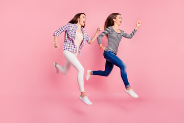 Sporty Full length body size photo of funny carefree excited fellows fooling fellowship screaming shouting laughing laughter enjoying on pink background isolated wearing denim spring clothing