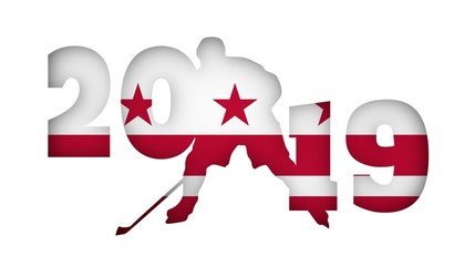 Professional hockey player and 2019 year number cutout silhouettes. Flag of the Columbia DC on backdrop. 3D rendering