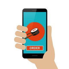 person ordered sushi online via smartphone isolated on white background vector illustration EPS10