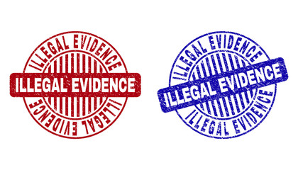 Grunge ILLEGAL EVIDENCE round stamp seals isolated on a white background. Round seals with grunge texture in red and blue colors.