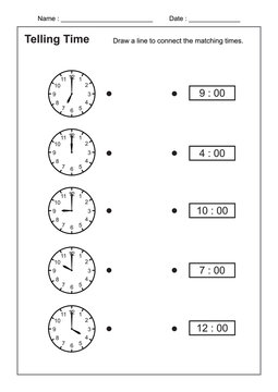 Telling Time Telling The Time Practice For Children  Time Worksheets For Learning To Tell Time Vector