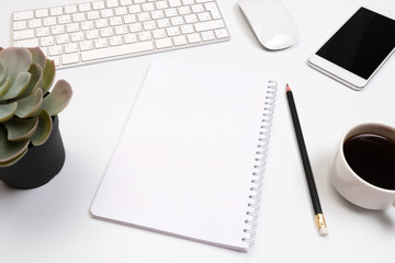 Office desk table with supplies. Flat lay Business workplace and objects. Top view. Copy space for text