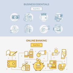 finance banking icons horizontal banners. the network of cash handling, connections and actions with money